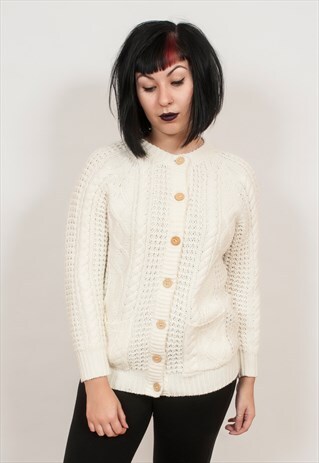 VINTAGE 1980'S ARAN CABLE KNIT CARDIGAN 14 & BELOW