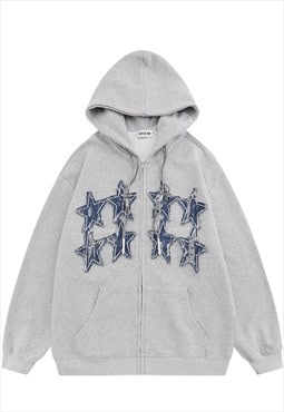 Denim patch hoodie jean star pullover grunge top in grey