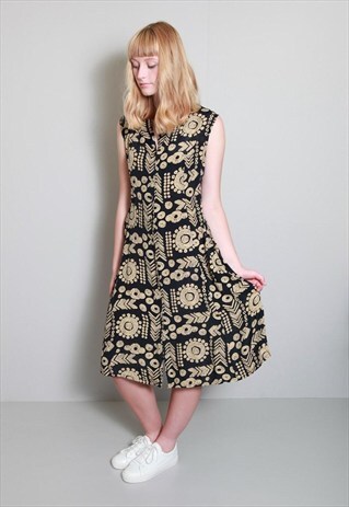 VINTAGE 1990'S BLACK/BEIGE PRINT SUMMER MIDI DRESS