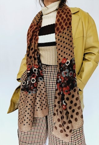Y2K retro brown floral polka dot print long thin scarf