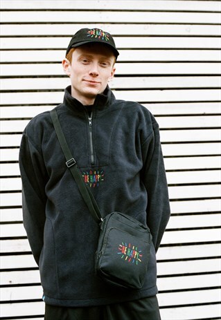 CROSS BODY BAG IN BLACK WITH BE HAPPY EMBROIDERY