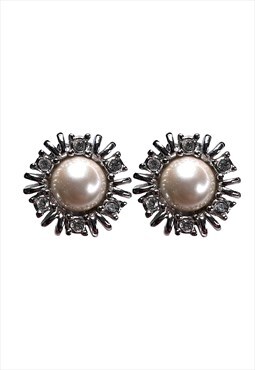 Christian Dior Earrings Silver Crystal Pearl Vintage Clip on