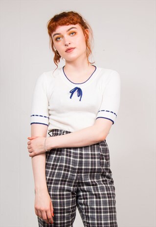 VINTAGE 70'S WHITE CUTE SAILOR STYLE KNIT TOP