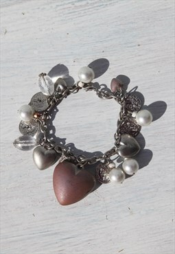 Stock y2k silver/bronze beaded hearts/coins charms bracelet