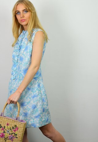 VINTAGE 60S BLUE & WHITE FLORAL PATTERN MINI SHIFT DRESS