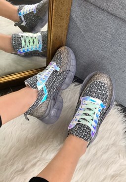 Grey Knitted Chunky Lace Up Trainers