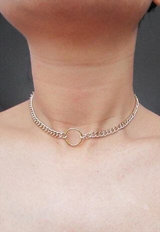 TWO WAY CIRCLE PENDANT CHOKER CHAIN 90S GRUNGE STYLE - GOLD