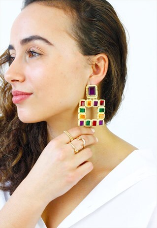 MULTI COLOUR SQUARE JEWEL DROP DANGLE EARRINGS
