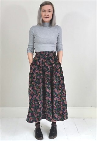 VINTAGE 80'S FLORAL VELVET CORD MIDI SKIRT W/ POCKETS
