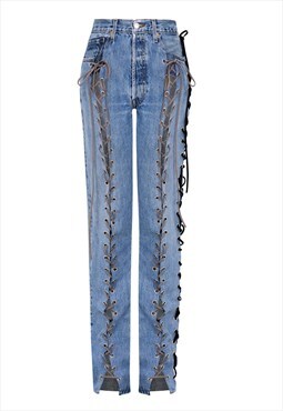 BY.WUZZY Reworked denim Y2K lace up jeans in blue
