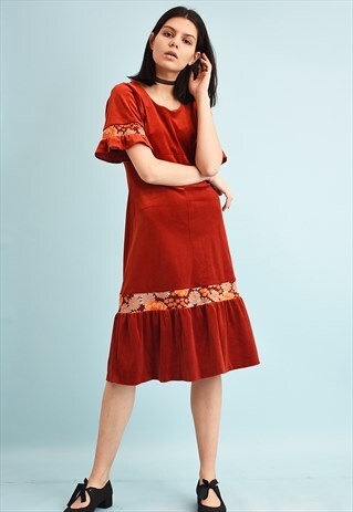 VINTAGE 70'S RETRO BOHO VELVET MIDI DRESS