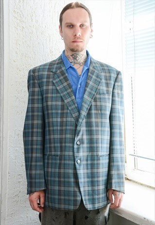Vintage Blue 70's GOLDEN LION Checked Wool Blazer Jacket