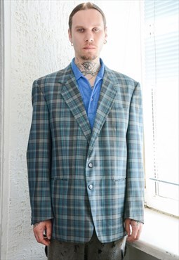 Vintage Blue 70's GOLDEN LION Checked Wool Blazer Jacket