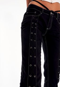 Low Rise Denim Eyelet Lace-Up Jeans In Black