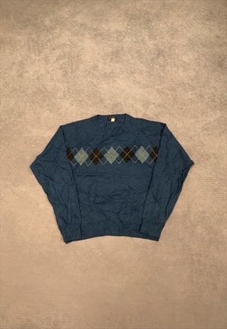 DOCKERS KNITTED JUMPER ARGYLE PATTERNED GRANDAD SWEATER 