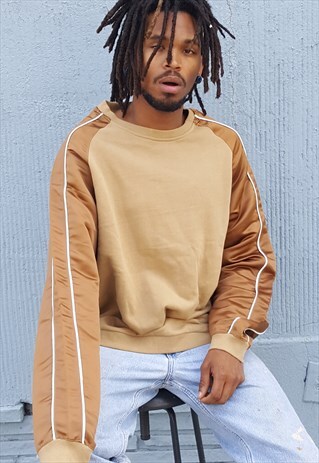 SKATER LUXURY TAN BROWN SATIN SLEEVE SWEATSHIRT