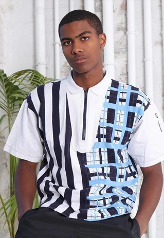 VINTAGE SERGIO TACCHINI PATTERN POLO 1/4 ZIP WHITE BLUE