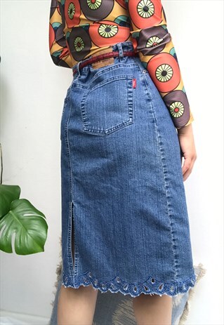 90S Y2K VINTAGE SEQUIN EMBELLISHED DENIM MIDI SKIRT