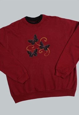 Vintage 90's Sweatshirt Burgundy Butterfly Jumper Large