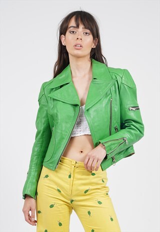 VINTAGE PREMIUM REVIVAL 70'S GREEN LEATHER BIKER JACKET