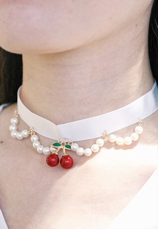 CHERRY FAUX-PEARL CHOKER - WHITE
