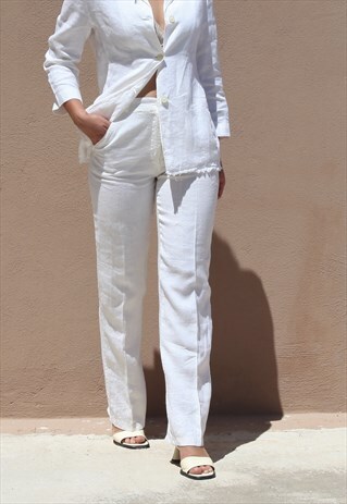DEADSTOCK 90S CREAM WHITE PURE LINEN STRAIGHT LEG TROUSERS
