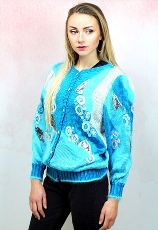 1980S VINTAGE LIGHT BLUE FLUFFY KNIT MOHAIR CARDIGAN