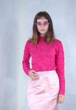 Vintage y2k crochet funky bright knitted fitting jumper pink