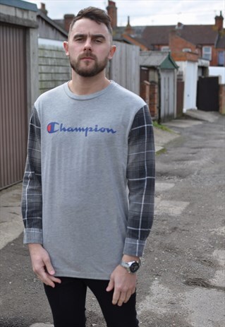 90'S GRUNGE CHAMPION REWORK VINTAGE CHECK SHIRT SLEEVES TEE