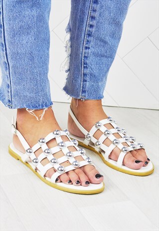 SELENA WHITE STUDDED SLINGBACK SANDALS