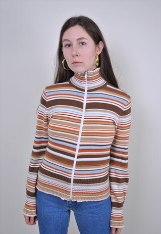 90S STRIPED HIGH NECK SWEATSHIRT, MULTICOLOR ZIPPED JUMPER