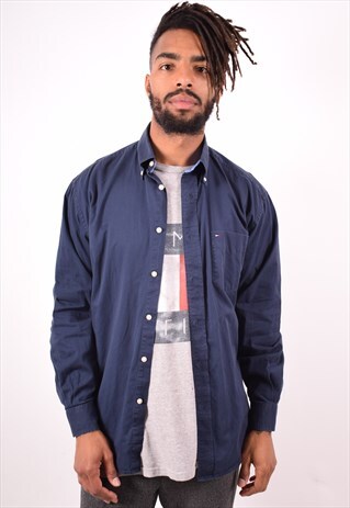 TOMMY HILFIGER MENS VINTAGE SHIRT MEDIUM NAVY BLUE 90S