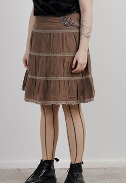 Vintage Y2k Brown Crochet Bell Style Stripped Midi Skirt L