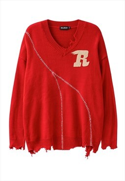 Varsity sweater knitted college jumper American top in red