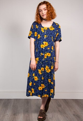 VINTAGE 90'S BLUE SUNFLOWER PATTERN SUMER MIDI DRESS