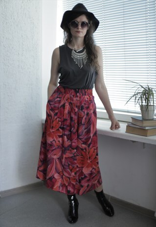 VINTAGE 80'S MIDI MULTICOLOR PATTERNED PLEATED LINEN SKIRT