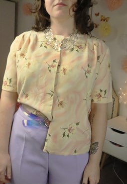 Vintage 80s Peach Floral Flowery Flower Pattern Shirt Blouse
