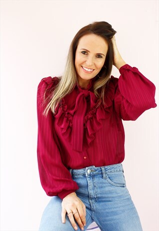 VINTAGE 80'S BURGUNDY STRIPED RUFFLE PUSSY BOW SHIRT BLOUSE