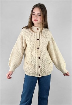 Vintage Aran Wool Cream Long Sleeve Ladies Cardigan 