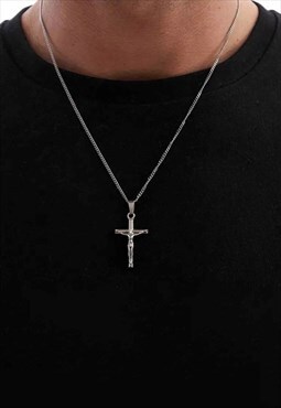 54 Floral 24" Crucifix Cross Pendant Necklace Chain - Silver