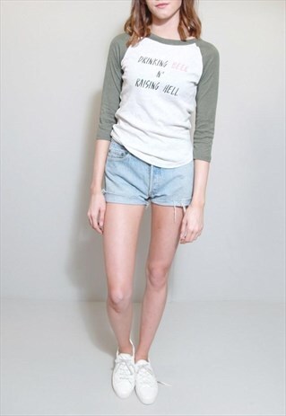 VINTAGE STYLE GREEN SLOGAN BASEBALL TOP