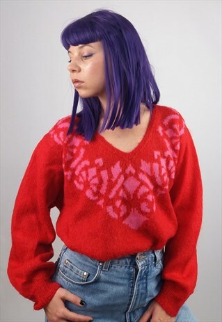 VINTAGE VALENTINE'S DAY WOOL BLEND KNIT V-NECK JUMPER
