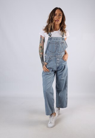 VINTAGE DENIM DUNGAREES WIDE LEG UK 10 SMALL (C3D)