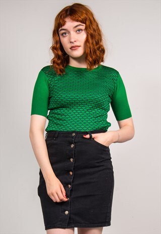 VINTAGE 70'S GREEN ABSTRACT PATTERN KNIT TOP