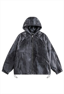 Dirty wash bomber jacket distressed hooded puffer in grey