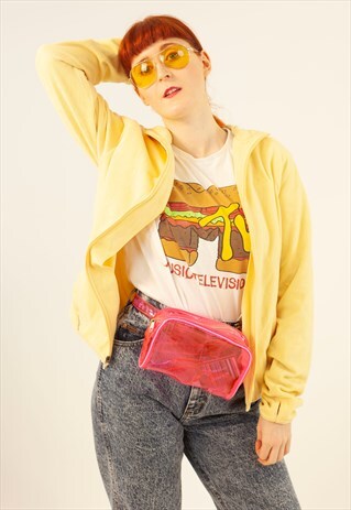 VINTAGE 90S ADIDAS FLEECE JACKET PASTEL YELLOW ZIP UP HOODED
