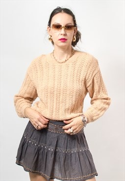 Vintage minimalist sweater openwork rose powder pullover