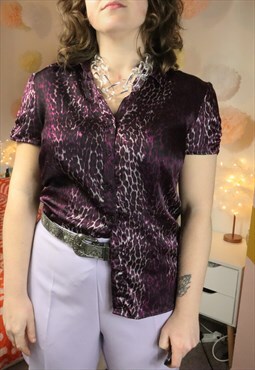 Vintage 90s Purple Metallic Satin Leopard V Shirt Blouse Top