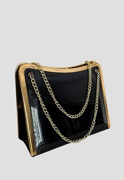 60's Vintage Ladies Black Shiny Patent Gold Chain Bag
