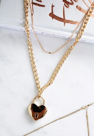 GOLD MULTI LAYER LAYERED CHUNKY HEART LOCKET STYLE NECKLACE
